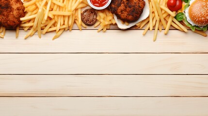 selection of take out and fast foods corner border background.