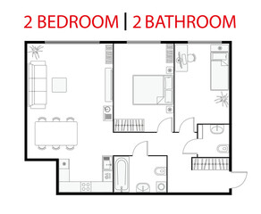 Plan floor apartment. Studio, condominium. Two bedroom layout floor plan. Interior design elements kitchen, bedroom, bathroom with furniture. Vector floorplan living room. Blueprint architectural plan