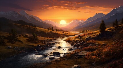 A tranquil river meandering through a valley at dusk with the sun on the horizon