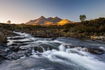 River Sligachan, Cuillin Mountains in the background, Isle of Skye, Highlands, Inner Hebrides, Scotland, United Kingdom, Europe