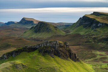 View of rocky landscape Quiraing, Trotternish Ridge, Highlands, Isle of Skye, Inner Hebrides,...