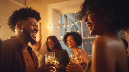 Black african american adults laughing and drinking having fun at a party in a bar - Powered by Adobe