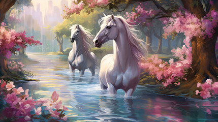 Obraz na płótnie Canvas Unicorns and Flowers