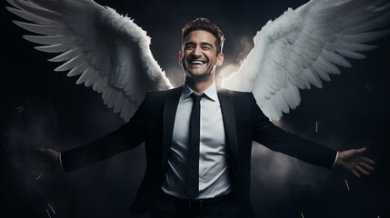 Business man with angel wings , business angel concept image - obrazy, fototapety, plakaty