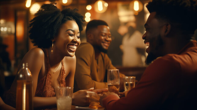 Black african american adults laughing and drinking having fun at a party in a bar