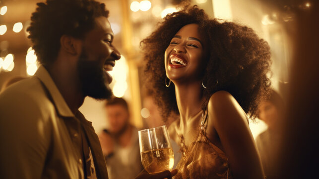Black african american adults laughing and drinking having fun at a party in a bar - Powered by Adobe