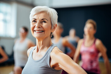 Middle aged smiling woman express active lifestyle through Zumba dance class