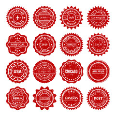 Post stamps, labels and badges. Grunge imprints and postmarks. Red vintage circle postcard watermarks. Used envelope design elements. Vector illustration