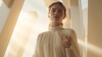 A woman in a white dress standing in a room