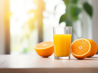 Bright orange juice in a glass with fresh oranges.