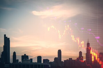 Creative downward red candlestick forex chart with grid and index on blurry city backdrop. Crisis, falling stock market and recession concept. Double exposure.