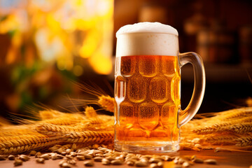 Beer glass with froth overflowing from a traditional beer stein, with barley scattered on the table.