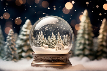 Fototapeta na wymiar Merry christmas snow globe with a house on snowfall winter background.