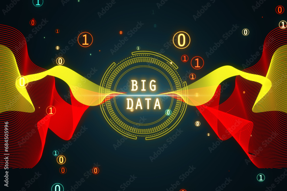Aufkleber Abstract round big data hologram with binary code on dark wallpaper. Stream information, filtering machine algorithm concept. 3D Rendering.