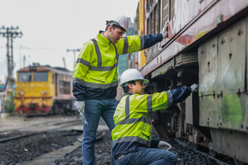 Rail technicians identify, repair engine issues, prevent fuel leaks for efficient train operation - obrazy, fototapety, plakaty