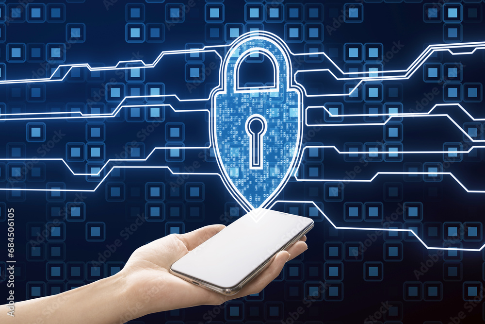 Poster Close up of female hand holding smartphone with creative web protection sign with binary coding on dark background. Web safety and security, shield, padlock and antivirus concept.