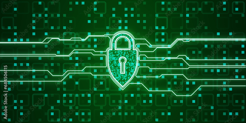 Poster Creative web protection sign with binary code and lines on green background. Web safety and security, shield, padlock and antivirus concept. 3D Rendering.