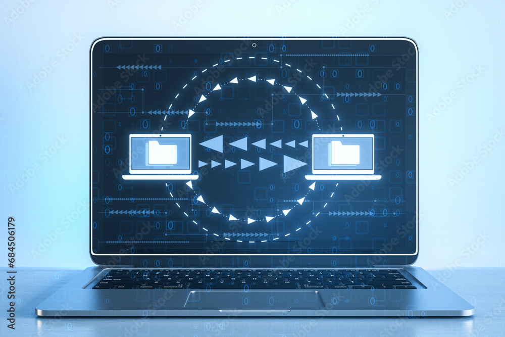 Poster Close up of laptop with creative digital data transfer and exchange folders on light background. Backup data, virtual document storage or loading on cloud service. 3D Rendering.