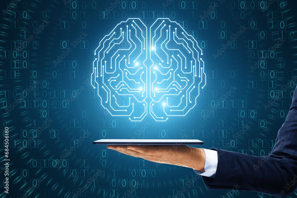 Fototapete Close up of businessman hand holding smartphone with glowing brain hologram with binary coding on blue background. Programming, machine learning and artificial intelligence concept.