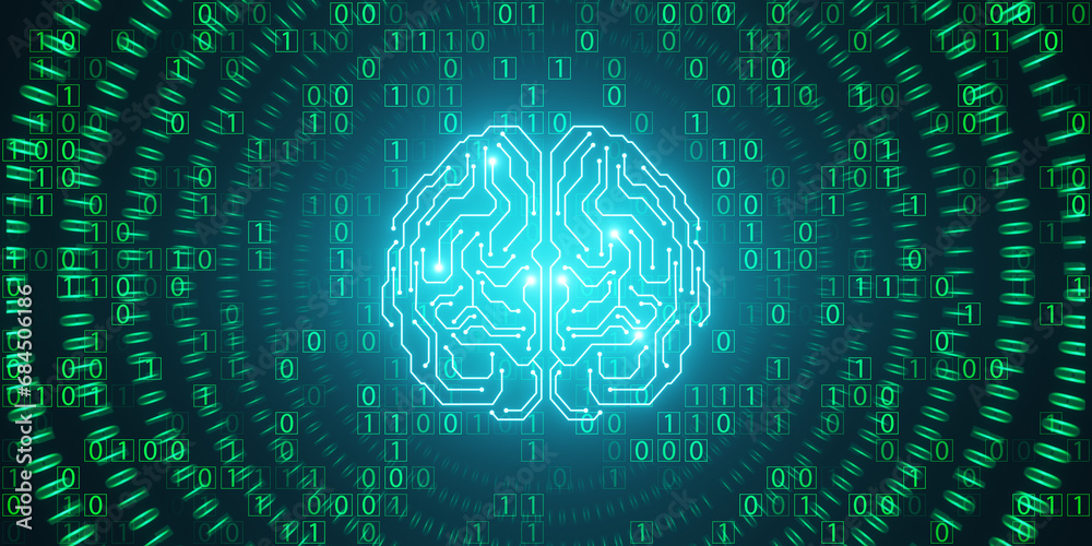 Leinwandbilder Glowing brain hologram with binary coding on blue backdrop. Programming, machine learning and artificial intelligence concept. 3D Rendering.