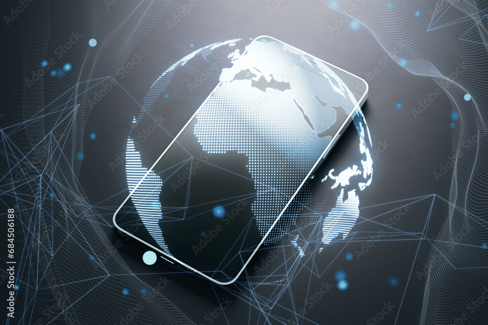 Poster close up of mobile phone with creative glowing polygonal globe hologram on dark background. metavers