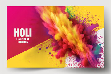 Happy Holi colorful posters with realistic powder paint clouds and calligraphic text. Pink and purple powder paint. 
