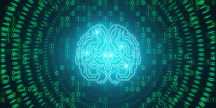 Glowing brain hologram with binary coding on blue backdrop. Programming, machine learning and artificial intelligence concept. 3D Rendering.