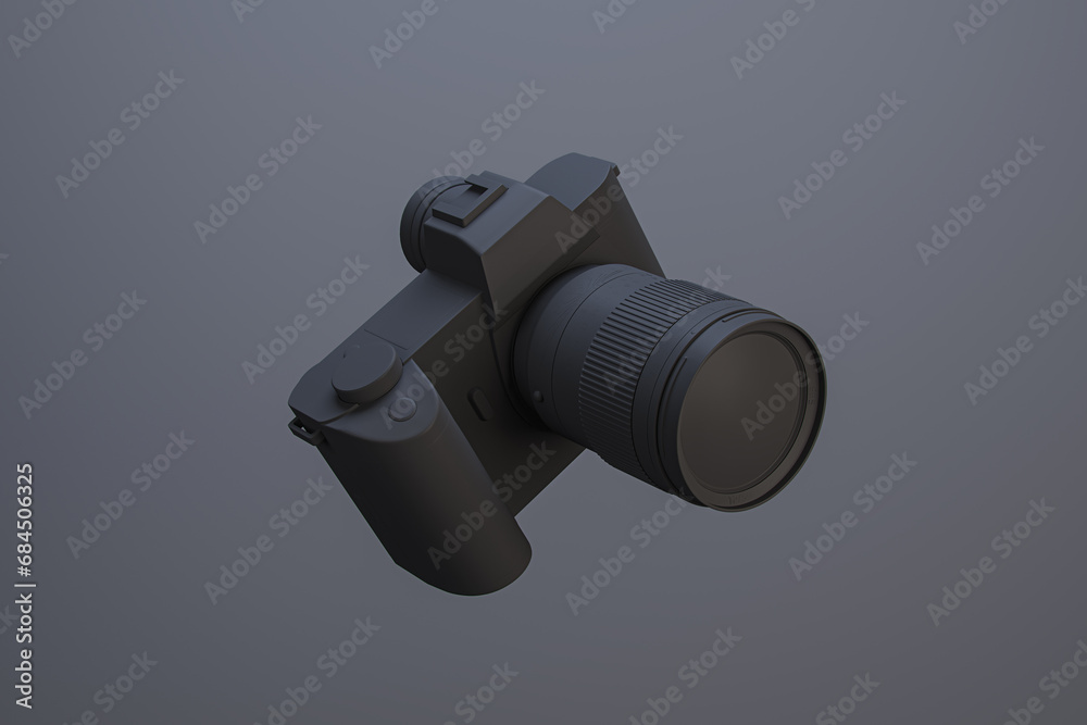 Poster Minimalist black camera on a dark background. Product design concept. 3D Rendering