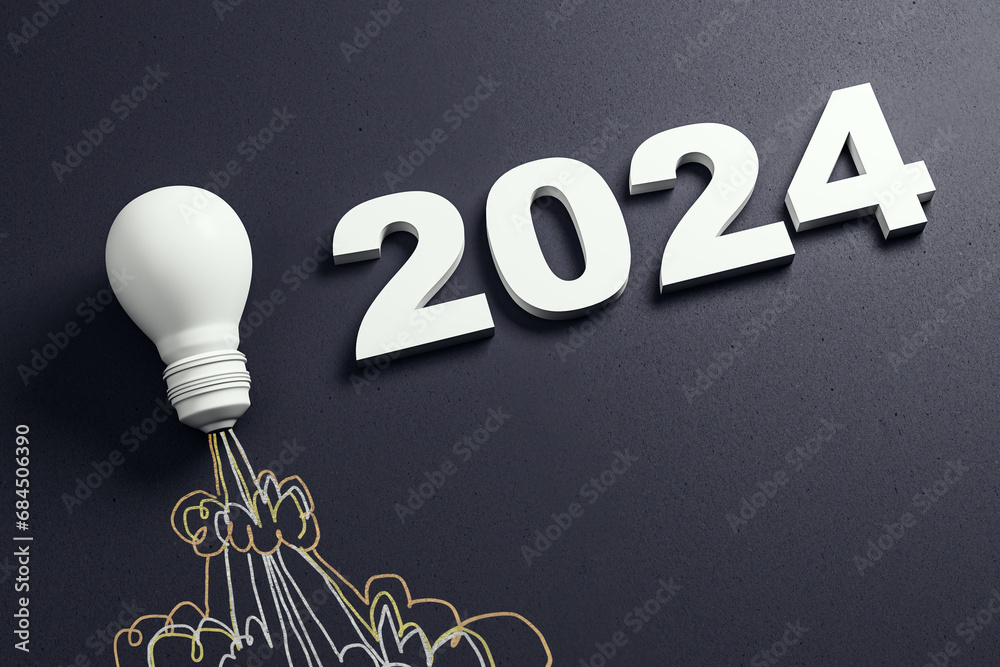 Poster 2024 in bold white letters with a glowing lightbulb, depicting foresight and strategic planning. 3d 