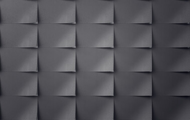 Dark gray textured wall with geometric shapes and shadows. 3D Rendering
