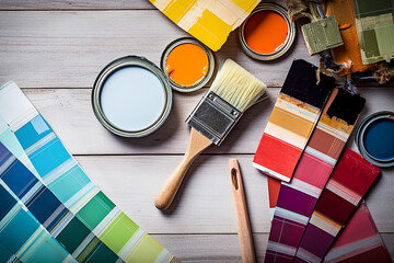 Paint in cans, brushes and color samples, floor plan. Room design. Choosing paint for repairs.