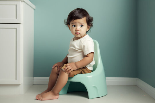 A small child sits on a potty with a puzzled face. Potty training a child.
