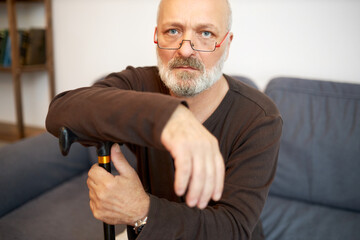 Portrait of handsome senior bald bearded wealthy successful businessman sitting on couch leaning...