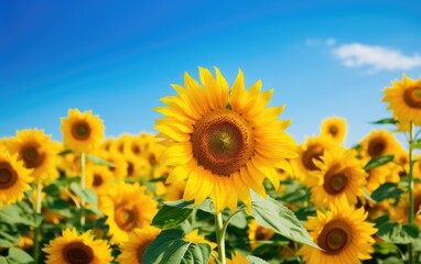 Sunflowers in a field with blue sky background. Generative AI.