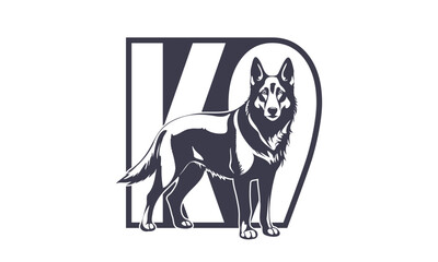 Vector monochrome graphic standing shepherd dog. Police and military K9 service. Logo or emblem. White isolated background. Faithful and devoted friend.