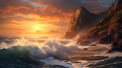 A coastal cliff with waves crashing against it during a beautiful sunset