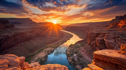 A beautiful river winding through a canyon as the sun sets in the distance