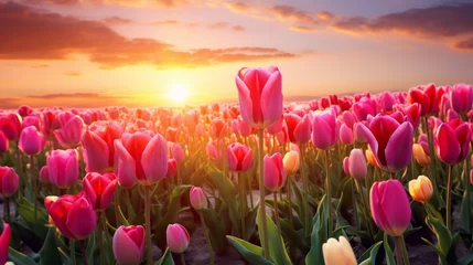 Fotobehang A colorful field of tulips basking in the soft, warm glow of the setting sun © SAJAWAL JUTT