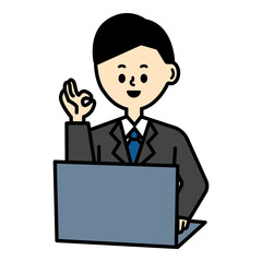 ビジネス　コンピュータ　ノートパソコン　男性　スーツ　OK 了解　ウインク　仕事　イラスト	
