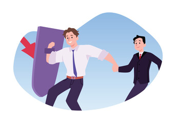 Crisis management strategy in teamwork, vector businessman using a shield protects the company from financial problems
