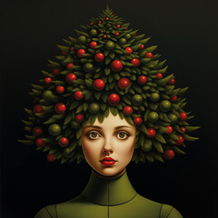 Woman with a Christmas tree with decorations on her head - 684509192