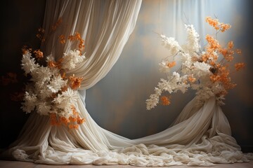 wedding backdrop, maternity backdrop, Light hoop weaved with orange flowers, white flowers, elegant wall background, flowing white satin drapes, backdrop, photography backdrop