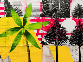 Collage of palm trees in bright colours yellow, green and red, and black and white. - 684509595