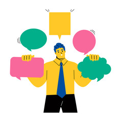 Business man picking up  thought bubbles.The dialogue, communication, thoughts, ideas, messages. Flat vector illustration isolated on white background