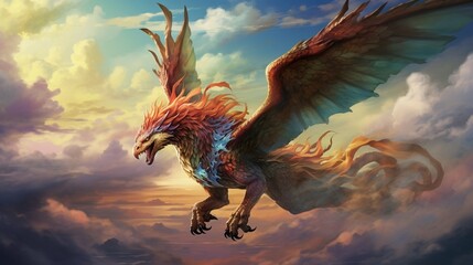A digital illustration of a mythical creature in flight, set against a backdrop of dramatic clouds...