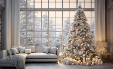 New Year or Christmas living room interior in minimalist style. Christmas tree, fireplace, sofa and large window