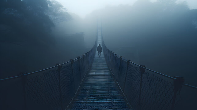 Fototapeta Fuzzy man walking on hanging bridge vanishing in fog. Focus on middle of bridge. generative ai.