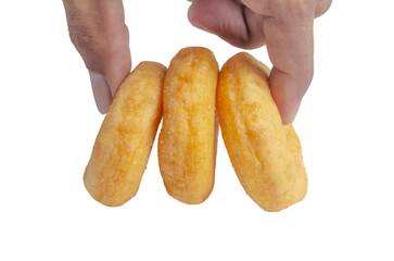 Hand with Donuts cake bakery sprinkled with sugar isolated