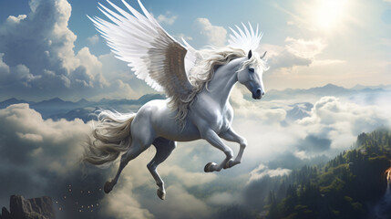 Obraz na płótnie Canvas White Pegasus unicorn in a cliff high above the clouds