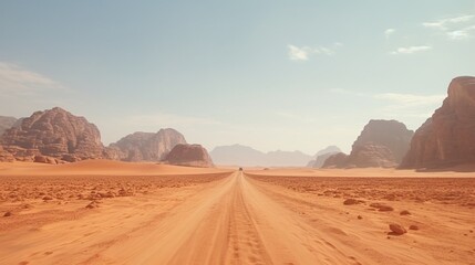 Landscape view of dusty road going far away nowhere in Wadi Rum desert, Jordan - obrazy, fototapety, plakaty